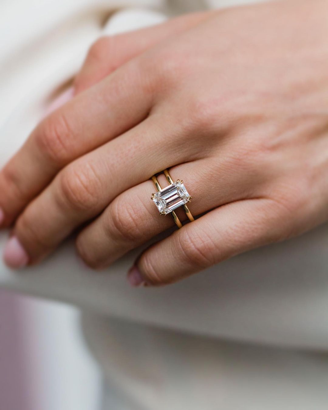 Emerald cut moissanite engagement ring,Unique Double Band Solitaire Ring