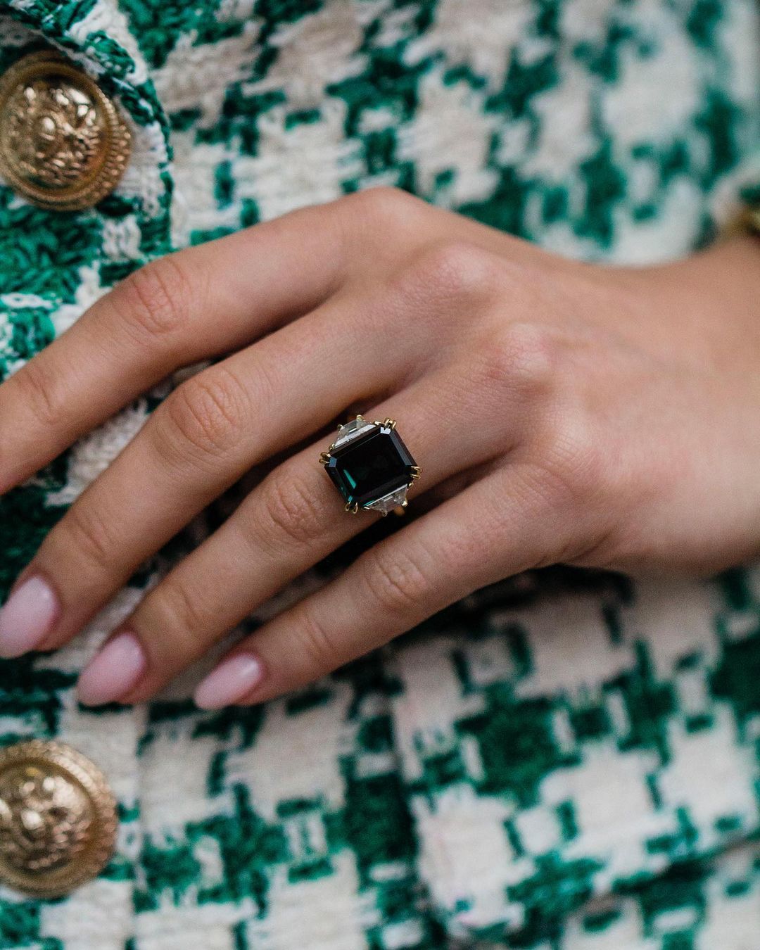 Three Stone Emerald Cut Fancy Dark Green Moissanite Solitaire Engagement Ring