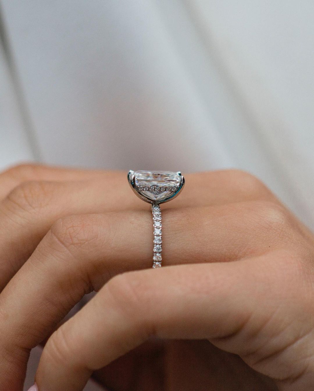 Radiant Cut Moissanite Diamond Under Halo Of Round Moissanite Diamond Ring