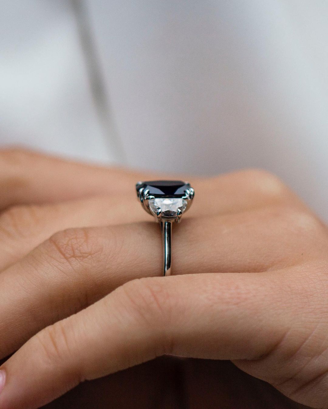 Three Stone Cushion Cut Sapphire Engagement Ring