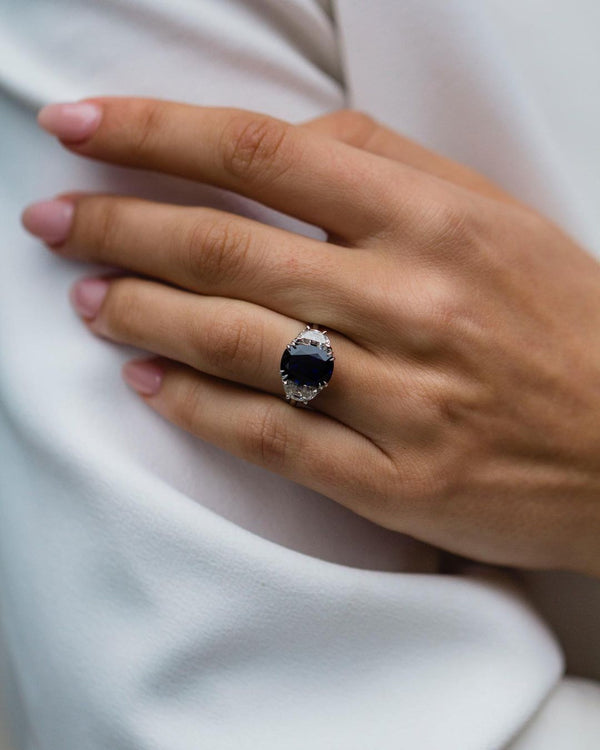 Three Stone Cushion Cut Sapphire Engagement Ring