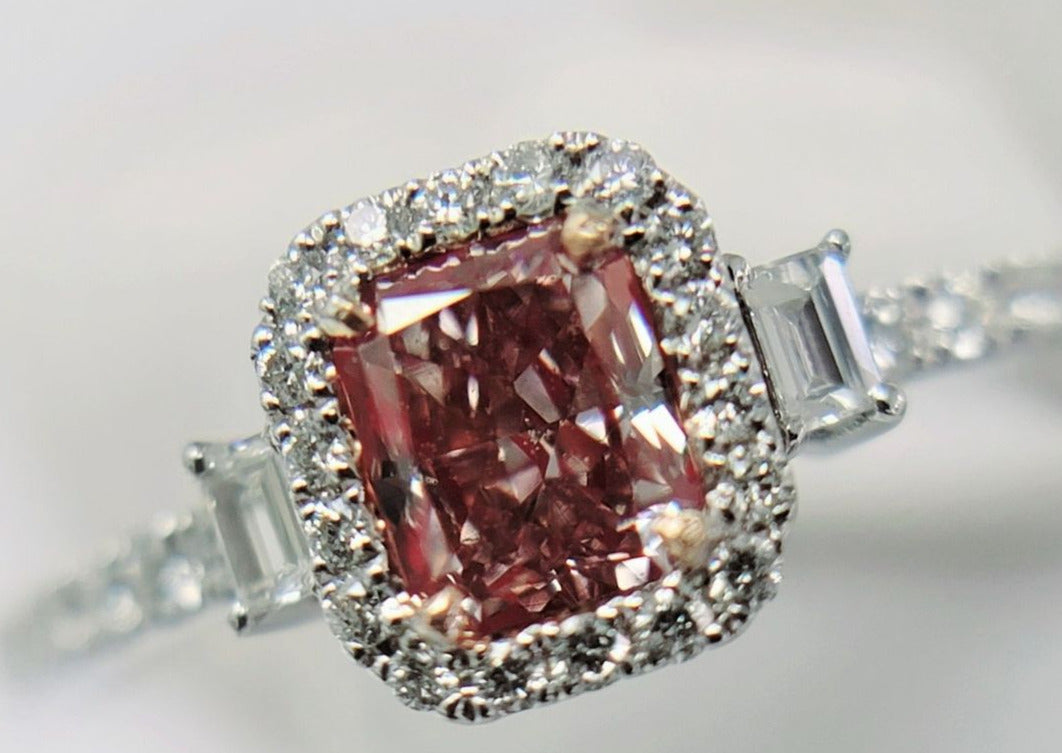 Radiant Cut Three Stone Brown Pink Diamond Engagement Ring