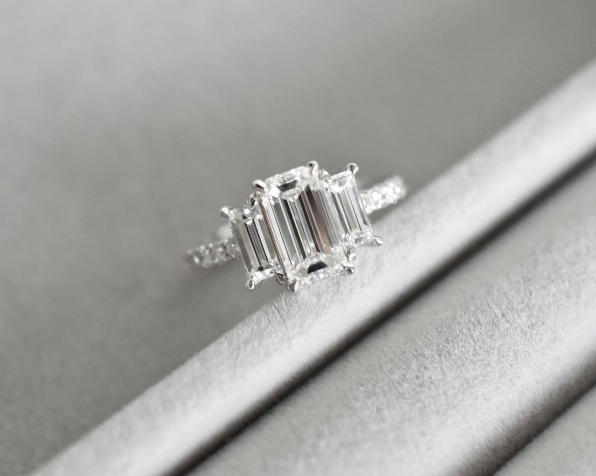 Three Stone Emerald Cut Lab Grown Engagement Ring