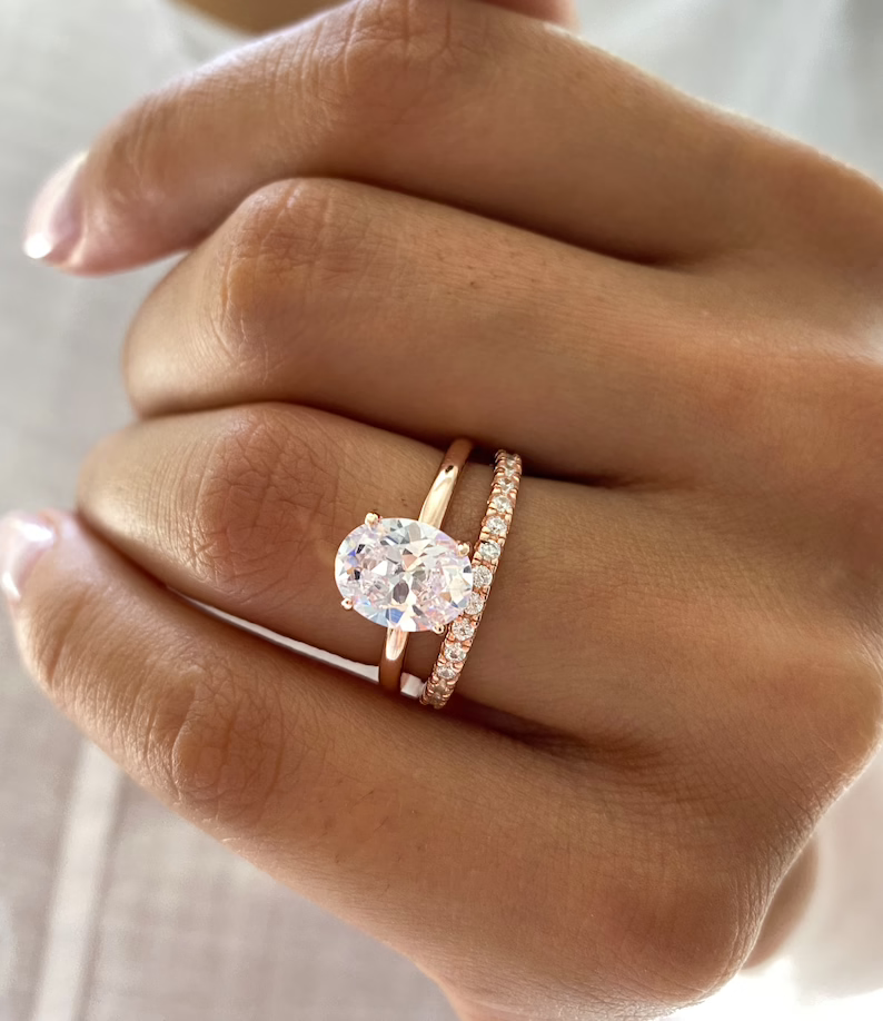 Oval Engagement Ring Wedding Ring Set Eternity Band Ring